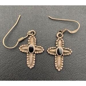 Vintage 925 Silver Black Onyx Braided Cross Earrings Hook Dangle Pierced (READ)